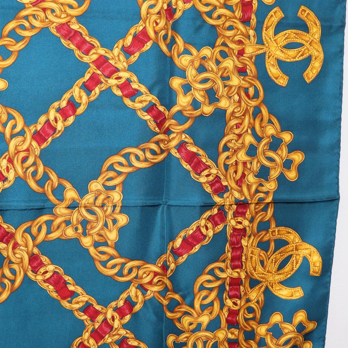 CHANEL Chain Accessory Pattern Scarf Silk Blue CC Auth am11561A