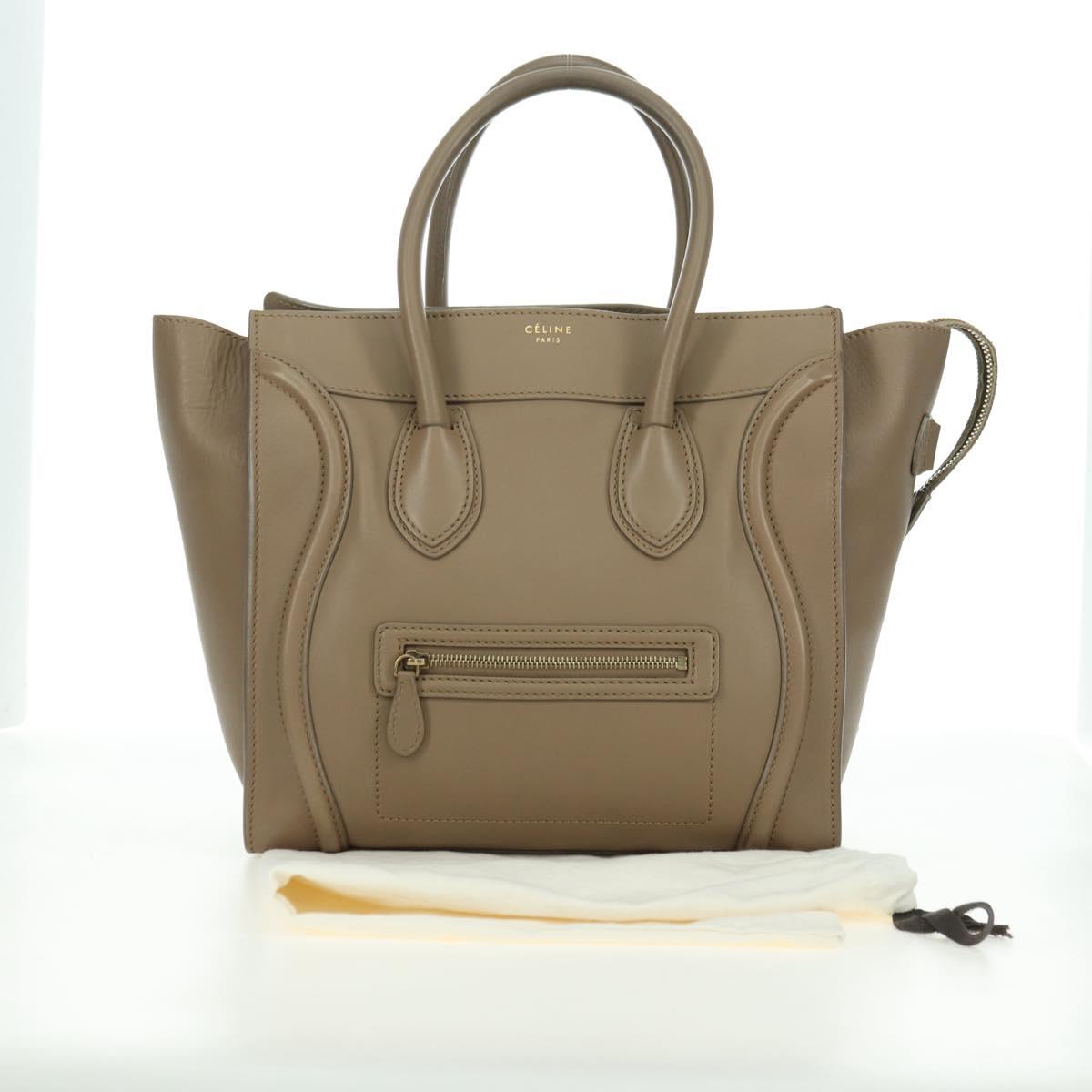 CELINE Luggage Mini Shopper Hand Bag Leather Beige Gold Auth am11586V
