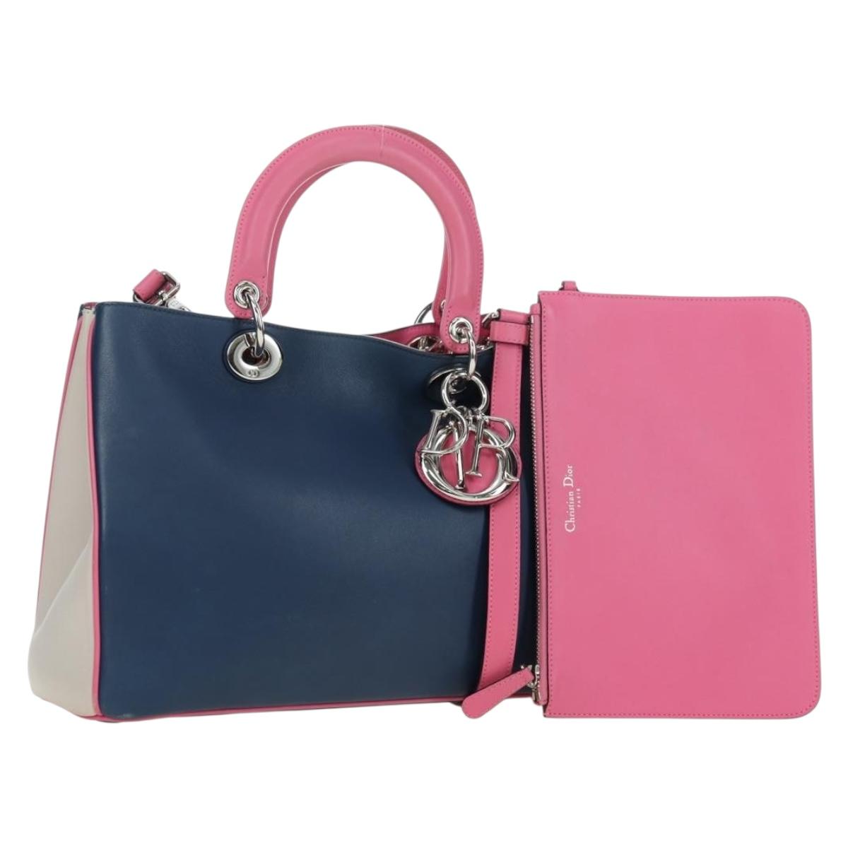 Christian Dior Lady Dior Tricolor Bag Leather 2way Navy Silver Auth am11597SAM