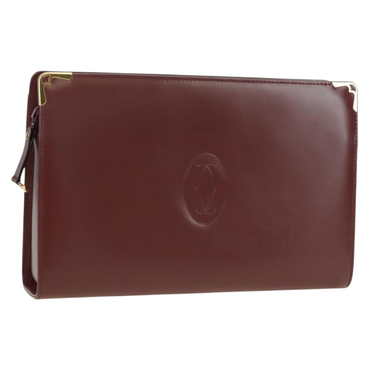 CARTIER Must Line Clutch Bag Leather Bordeaux Gold Auth am11612V