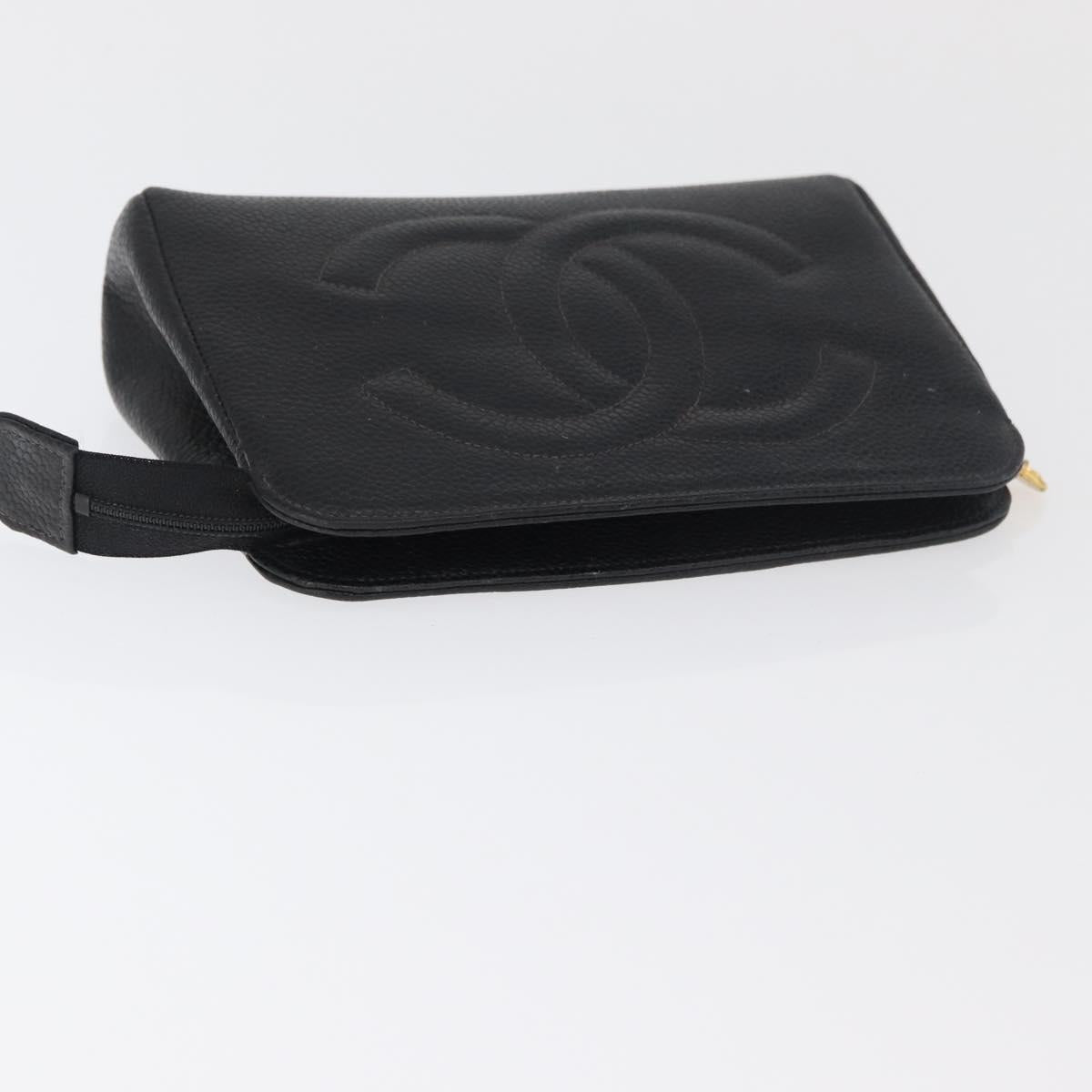 CHANEL Pouch Caviar Skin Black Gold CC Auth am11642