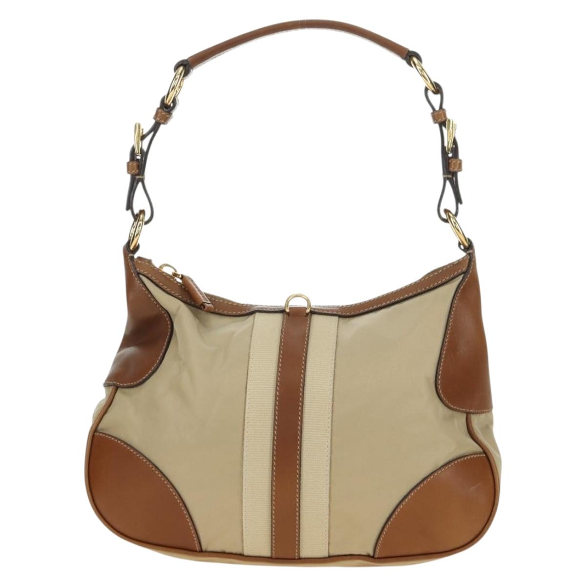 PRADA Hand Bag Nylon Leather Beige Gold Auth am11645A