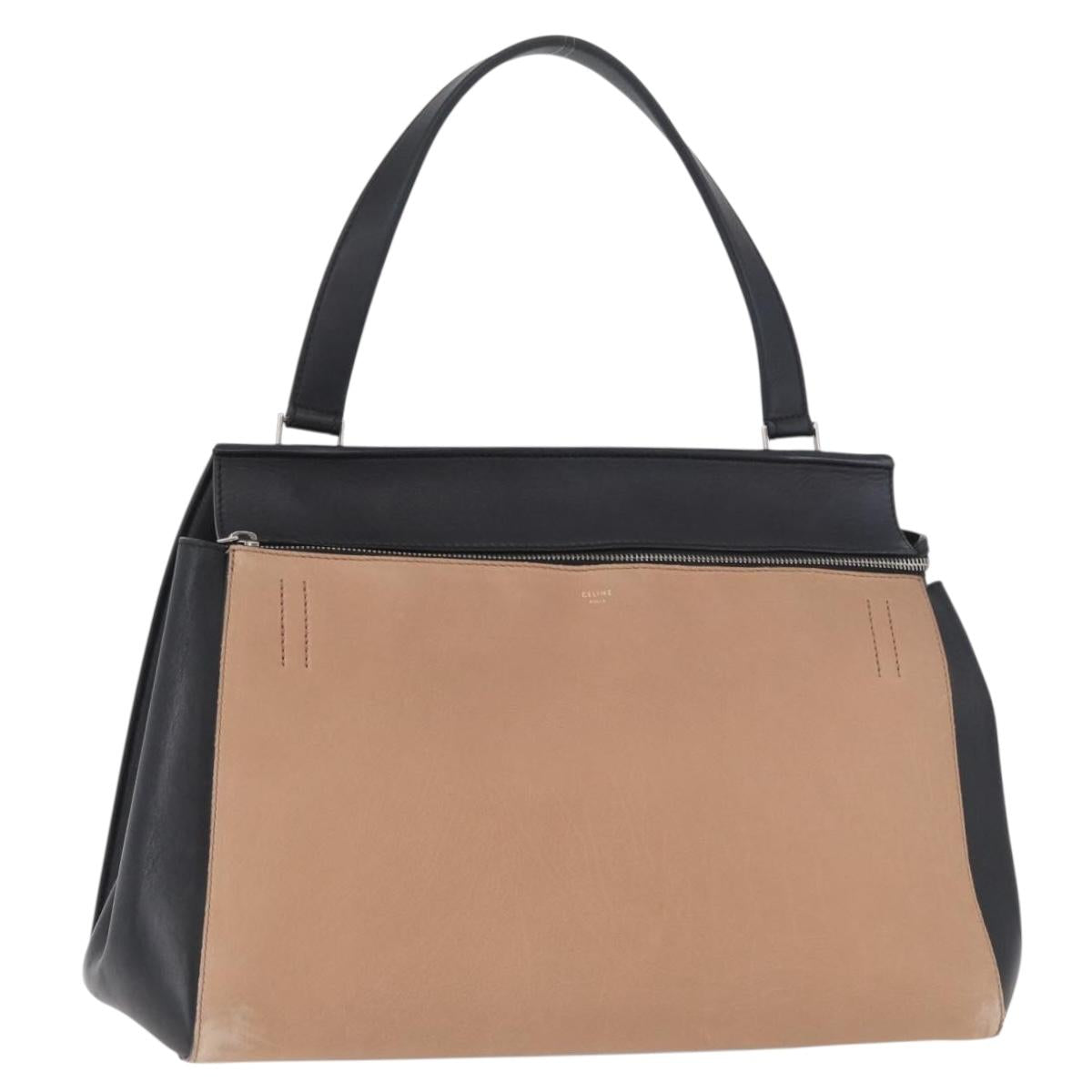 CELINE Edge Hand Bag Leather Beige Black Silver Auth am11657A