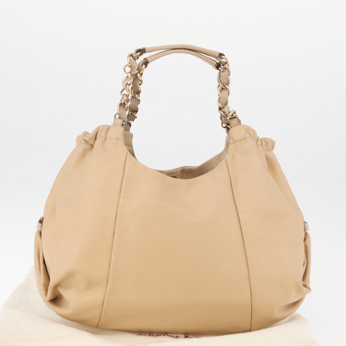 Salvatore Ferragamo Chain Vala Hand Bag Leather Beige Gold Auth am11658A