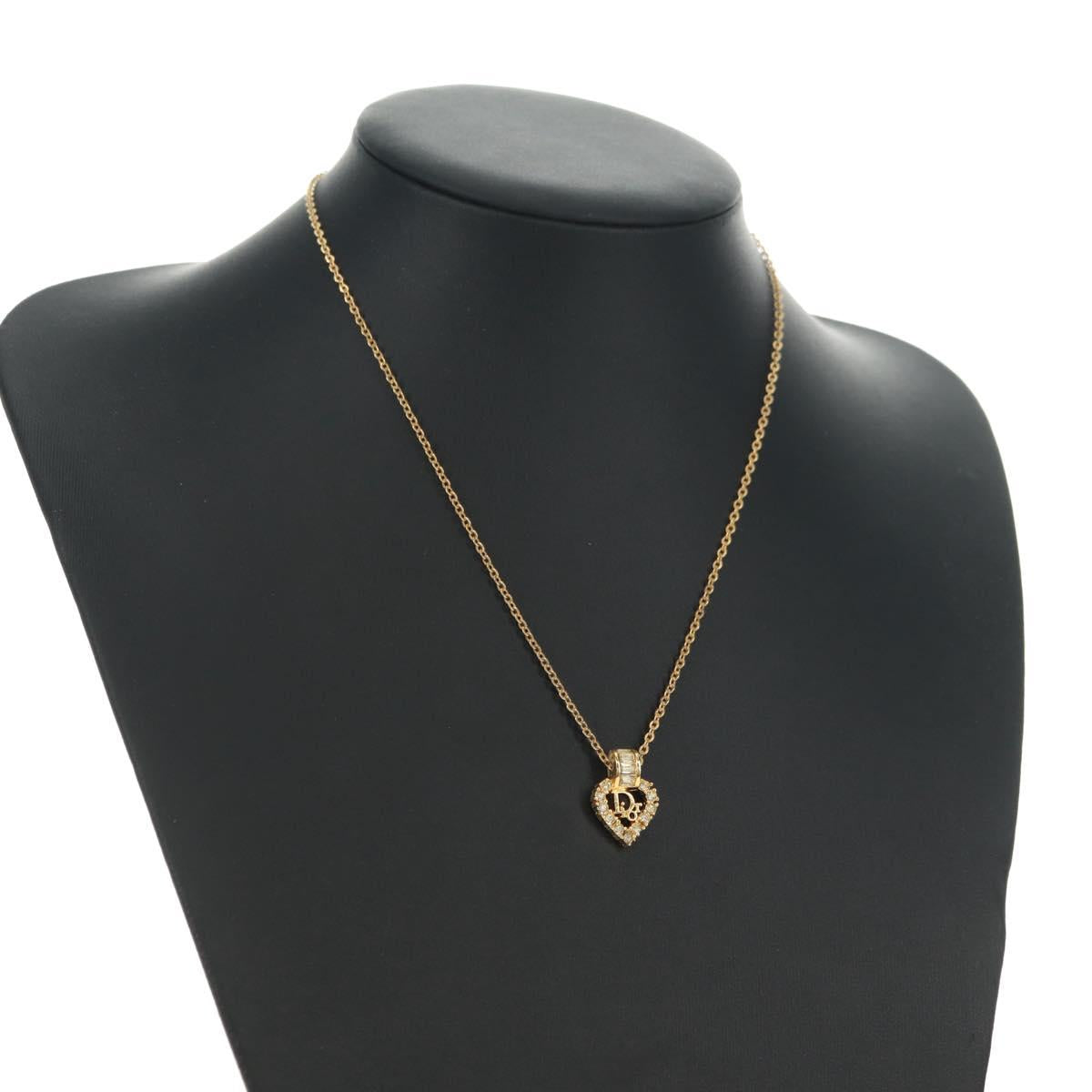 Christian Dior CD Rhinestone Heart Necklace metal Gold Auth am11672V