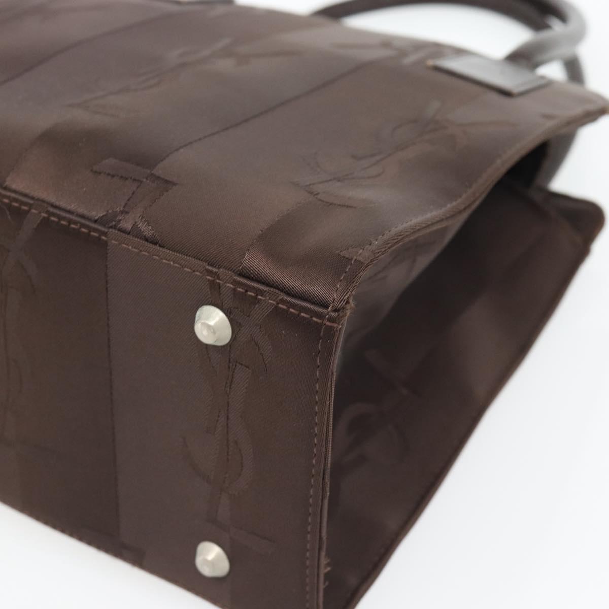 SAINT LAURENT Hand Bag Nylon Dark Brown Silver Auth am11678A