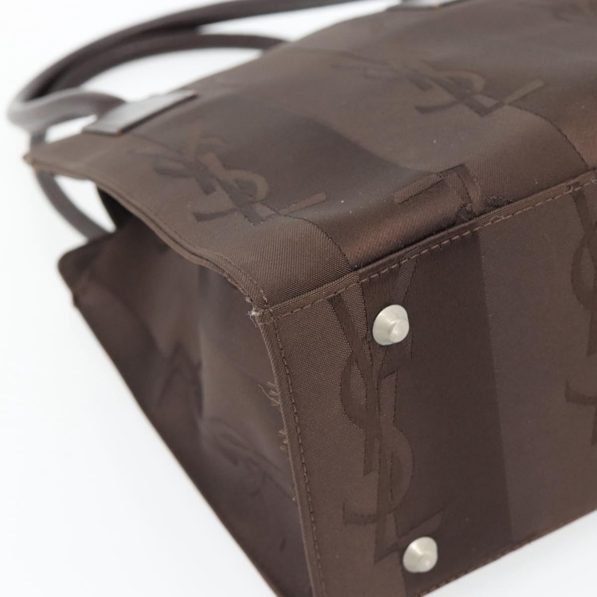 SAINT LAURENT Hand Bag Nylon Dark Brown Silver Auth am11678A