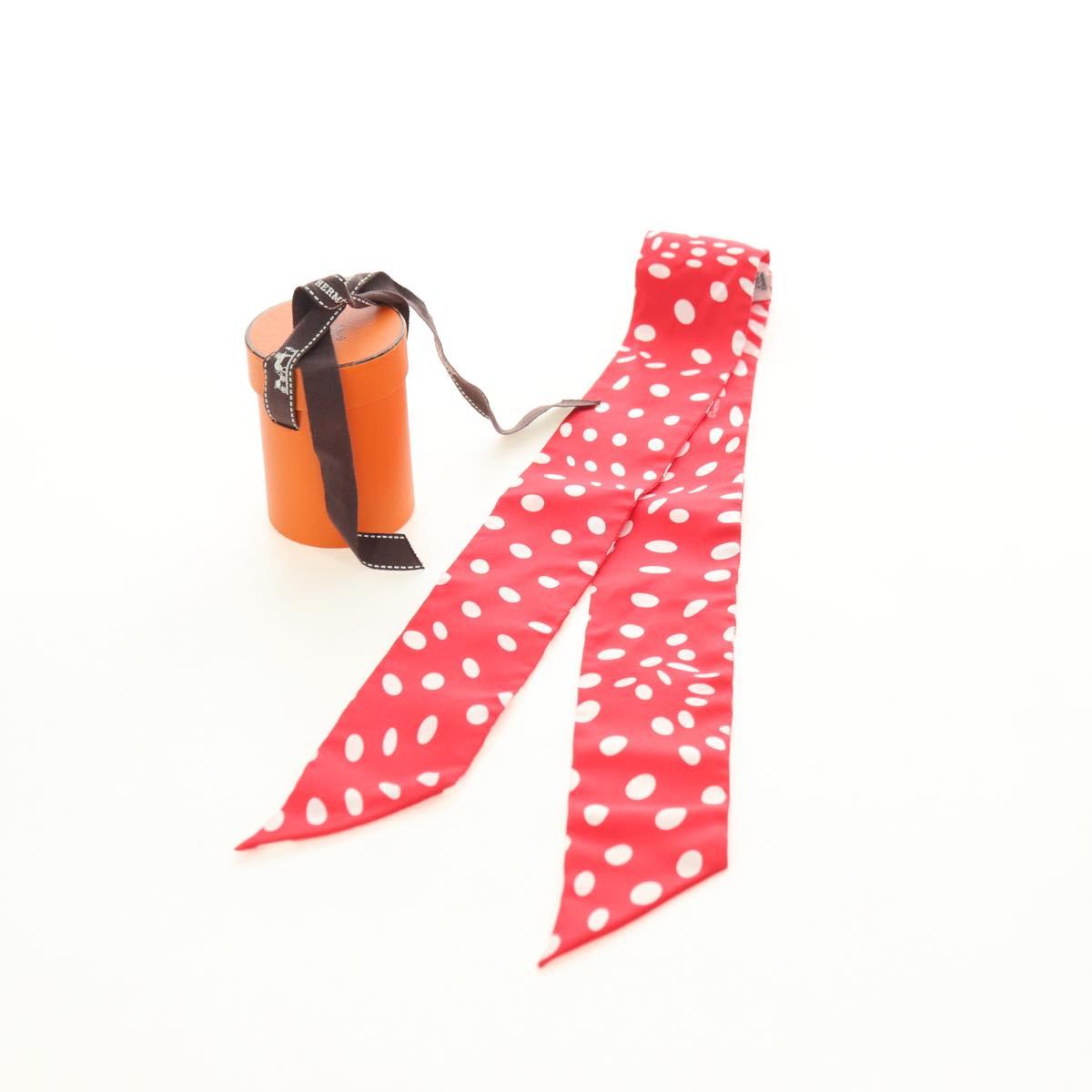 HERMES Twilly Dot Scarf Silk Red Auth am11688M