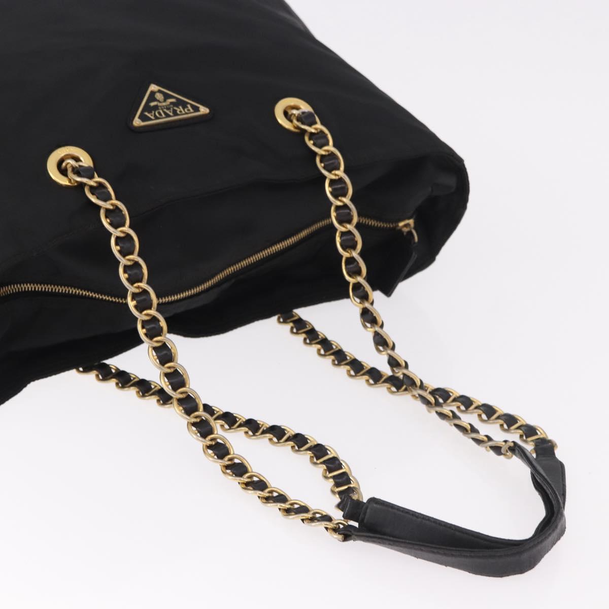 PRADA Chain Tote Bag Nylon Black Gold Auth am11728A
