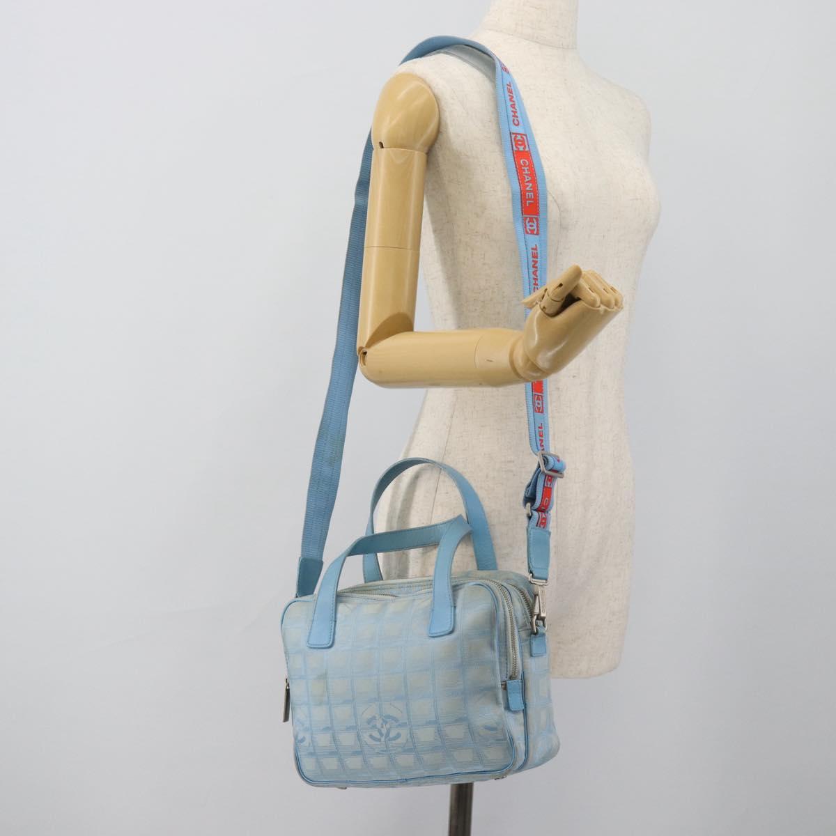 CHANEL New Travel line Hand Bag Canvas 2way Light Blue Silver CC Auth am11756