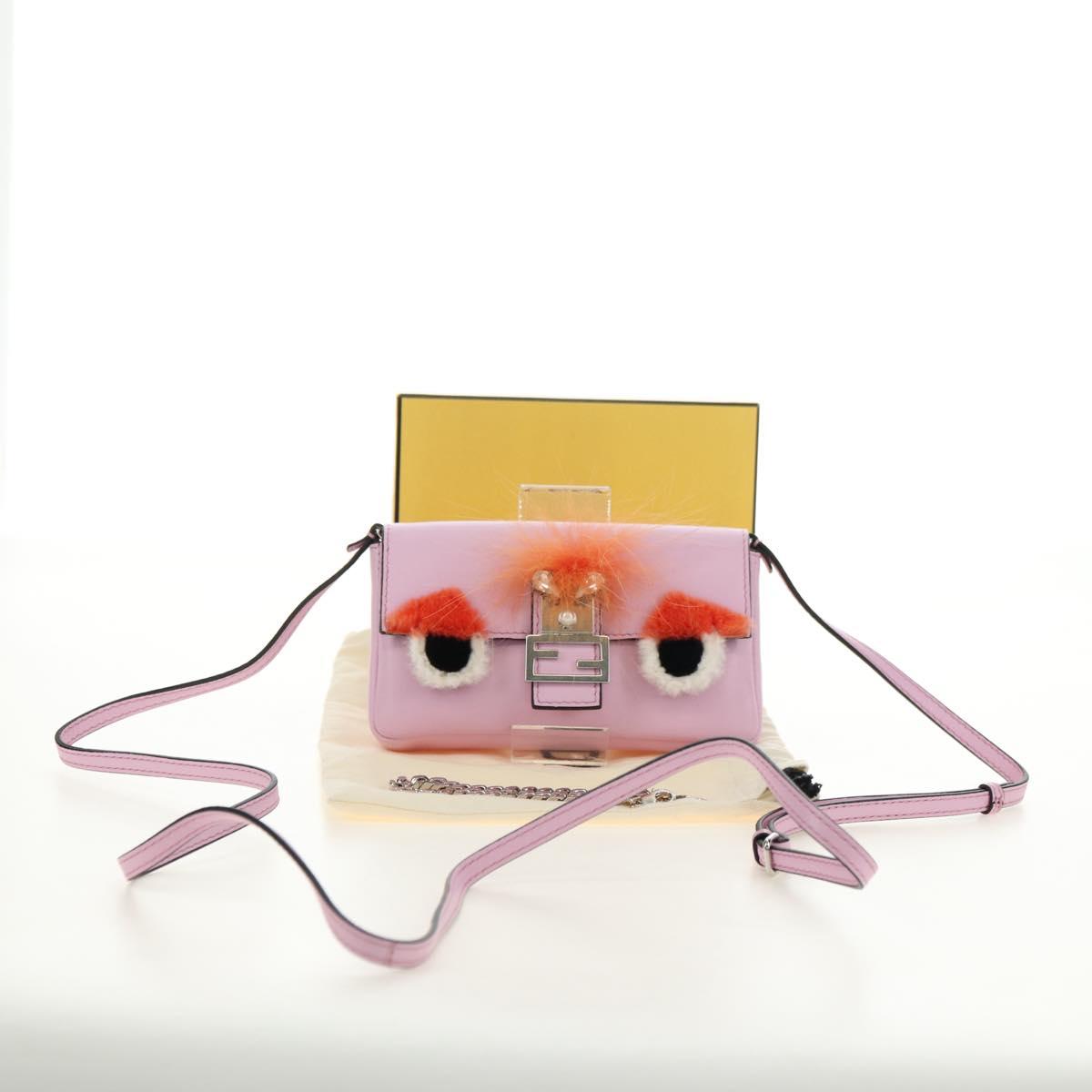 FENDI Monster Micro Bucket Shoulder Bag Leather Pink Silver Auth am11769M