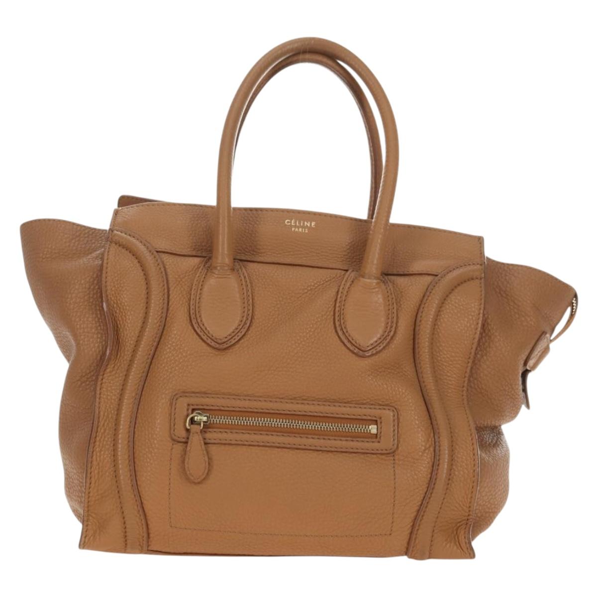 CELINE Luggage Micro Shopper Hand Bag Leather Beige Gold Auth am11775V