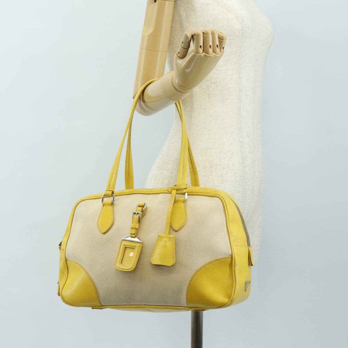 PRADA Hand Bag Canvas Leather Beige Yellow Silver Auth am11779V