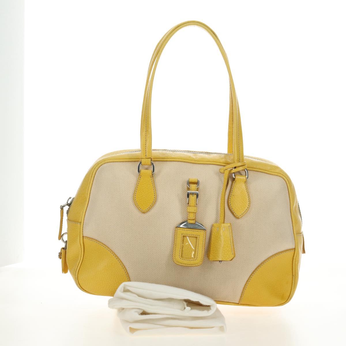 PRADA Hand Bag Canvas Leather Beige Yellow Silver Auth am11779V