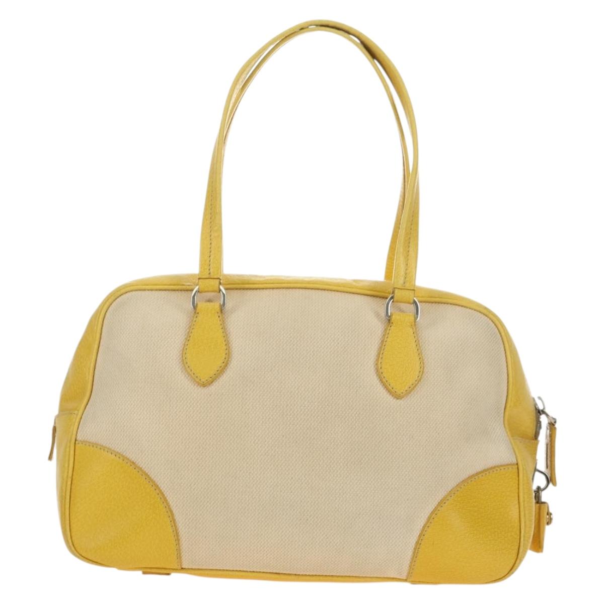 PRADA Hand Bag Canvas Leather Beige Yellow Silver Auth am11779V