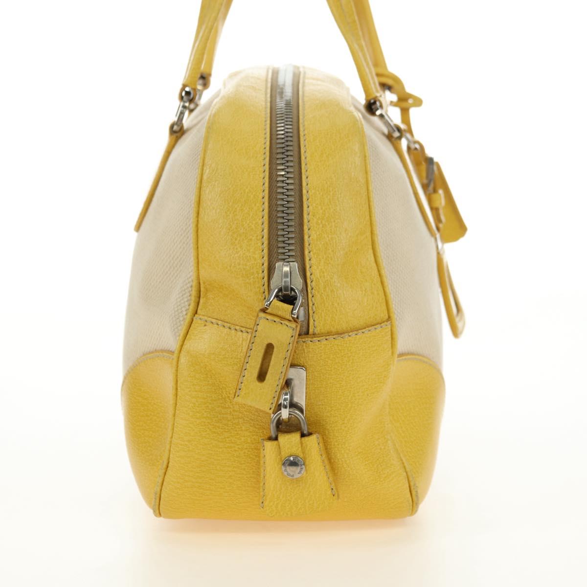 PRADA Hand Bag Canvas Leather Beige Yellow Silver Auth am11779V