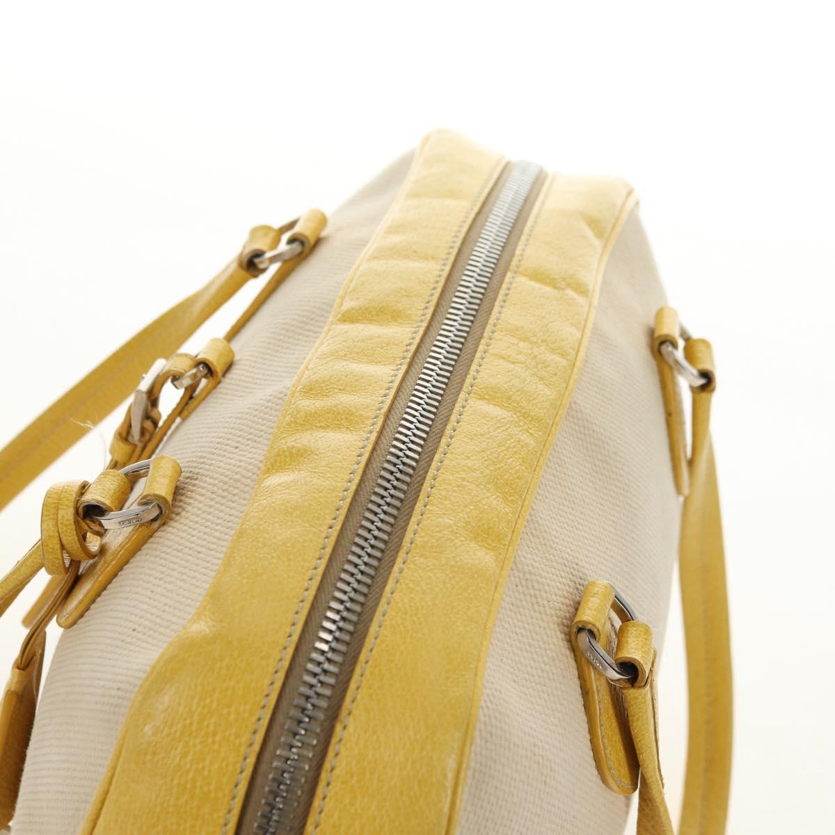 PRADA Hand Bag Canvas Leather Beige Yellow Silver Auth am11779V