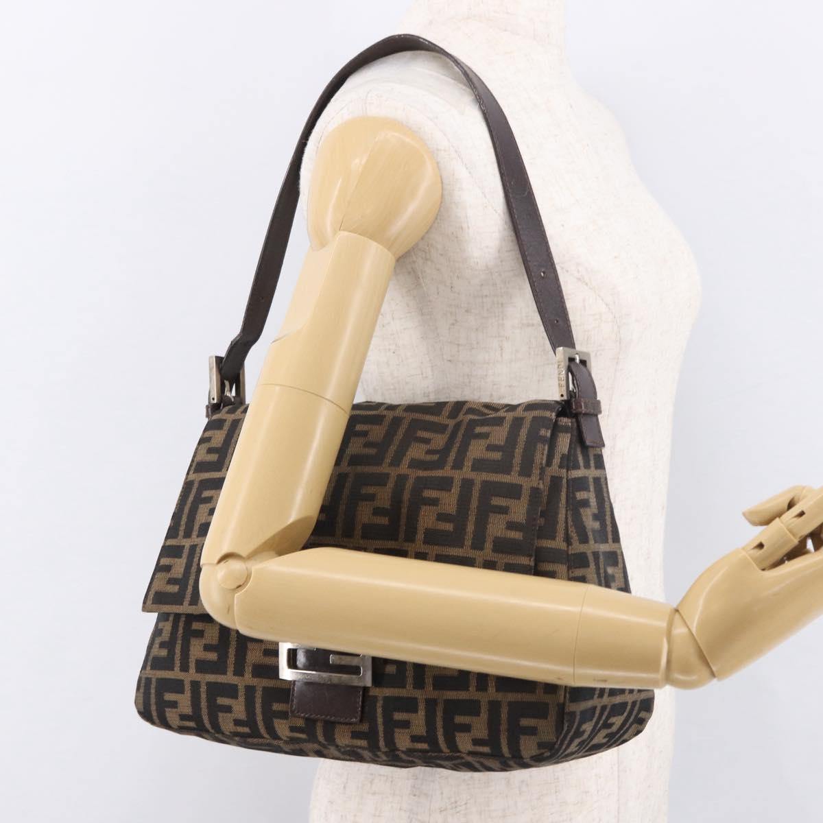 FENDI Zucca Canvas Mamma Baguette Shoulder Bag Black Brown Silver Auth am11783V