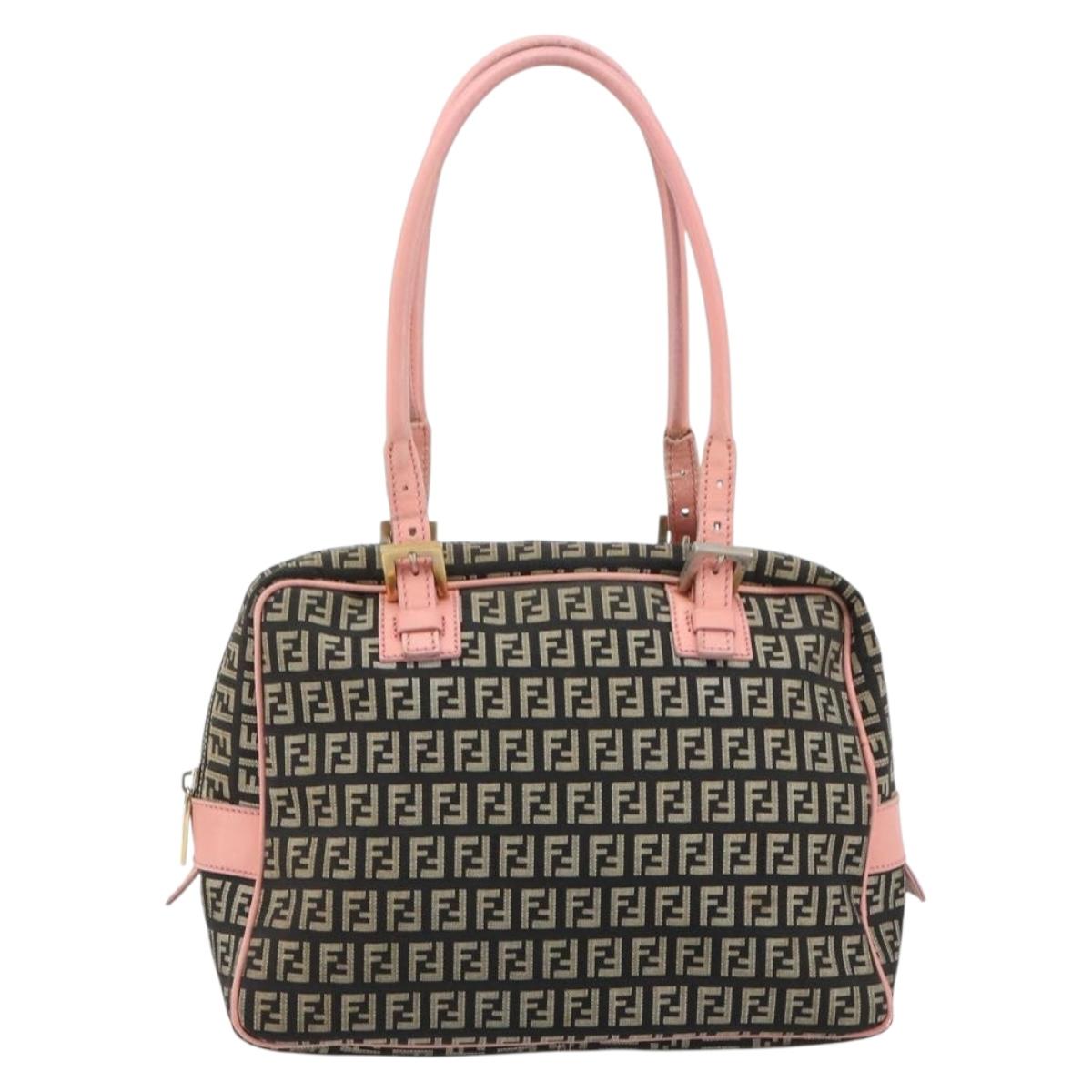 FENDI Zucchino Canvas Hand Bag Black Brown Auth am11787