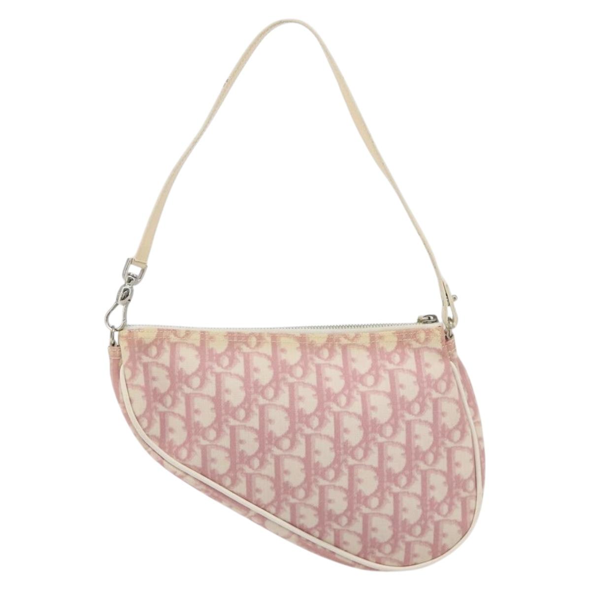 Christian Dior Trotter Canvas Saddle Pouch PVC Pink Silver Auth am11788A