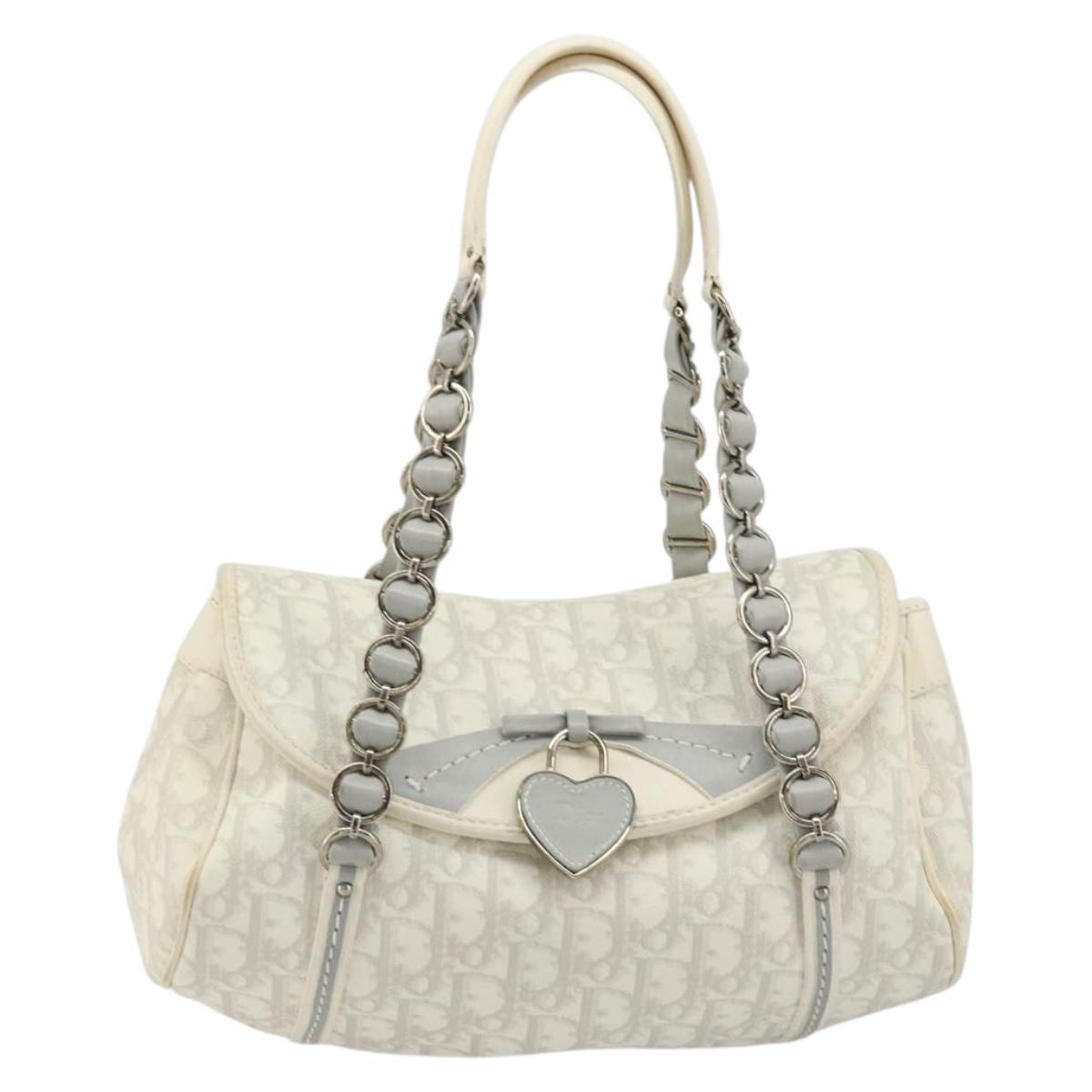 Christian Dior Trotter Canvas Romantic Chain Bag PVC White Silver Auth am11806V