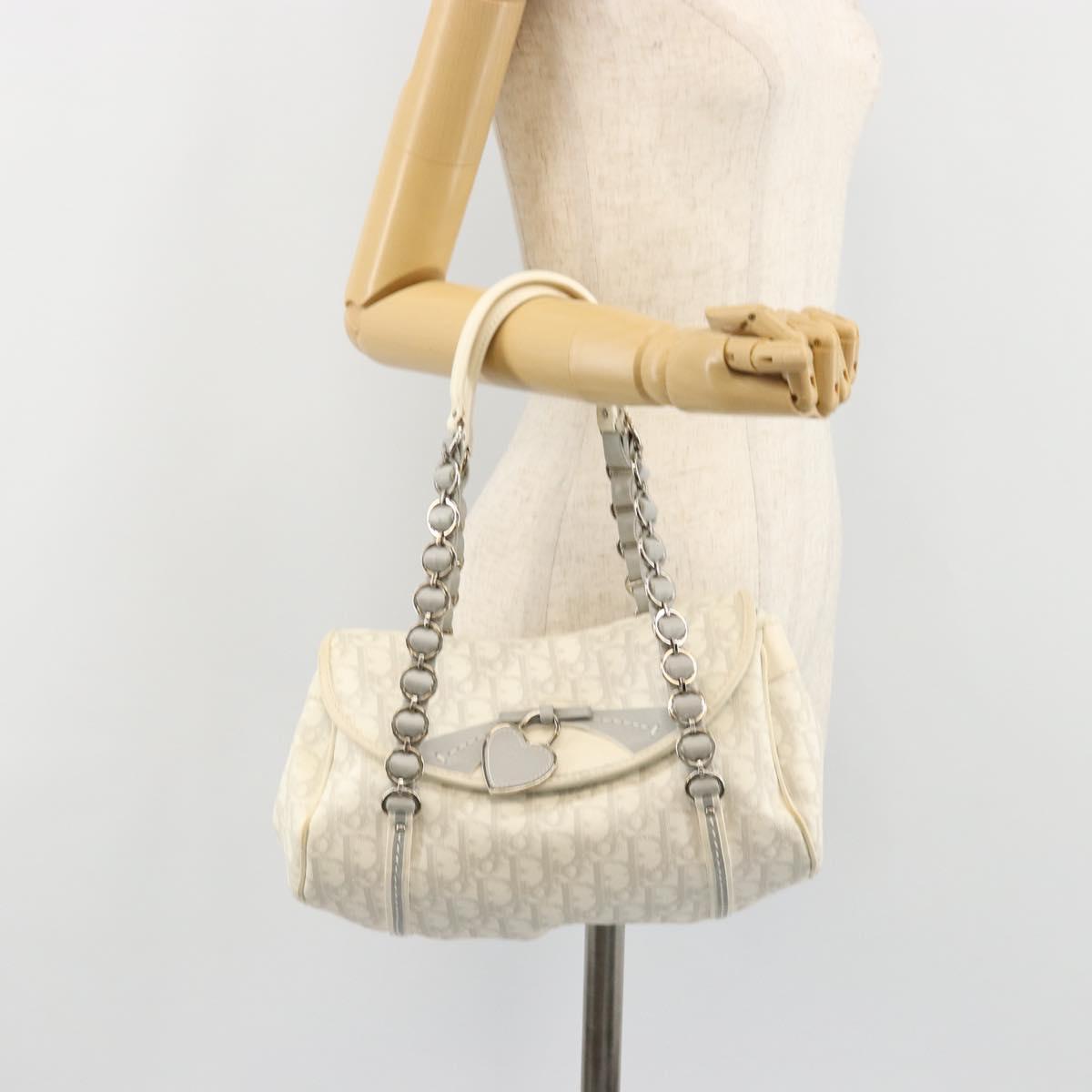 Christian Dior Trotter Canvas Romantic Chain Bag PVC White Silver Auth am11806V