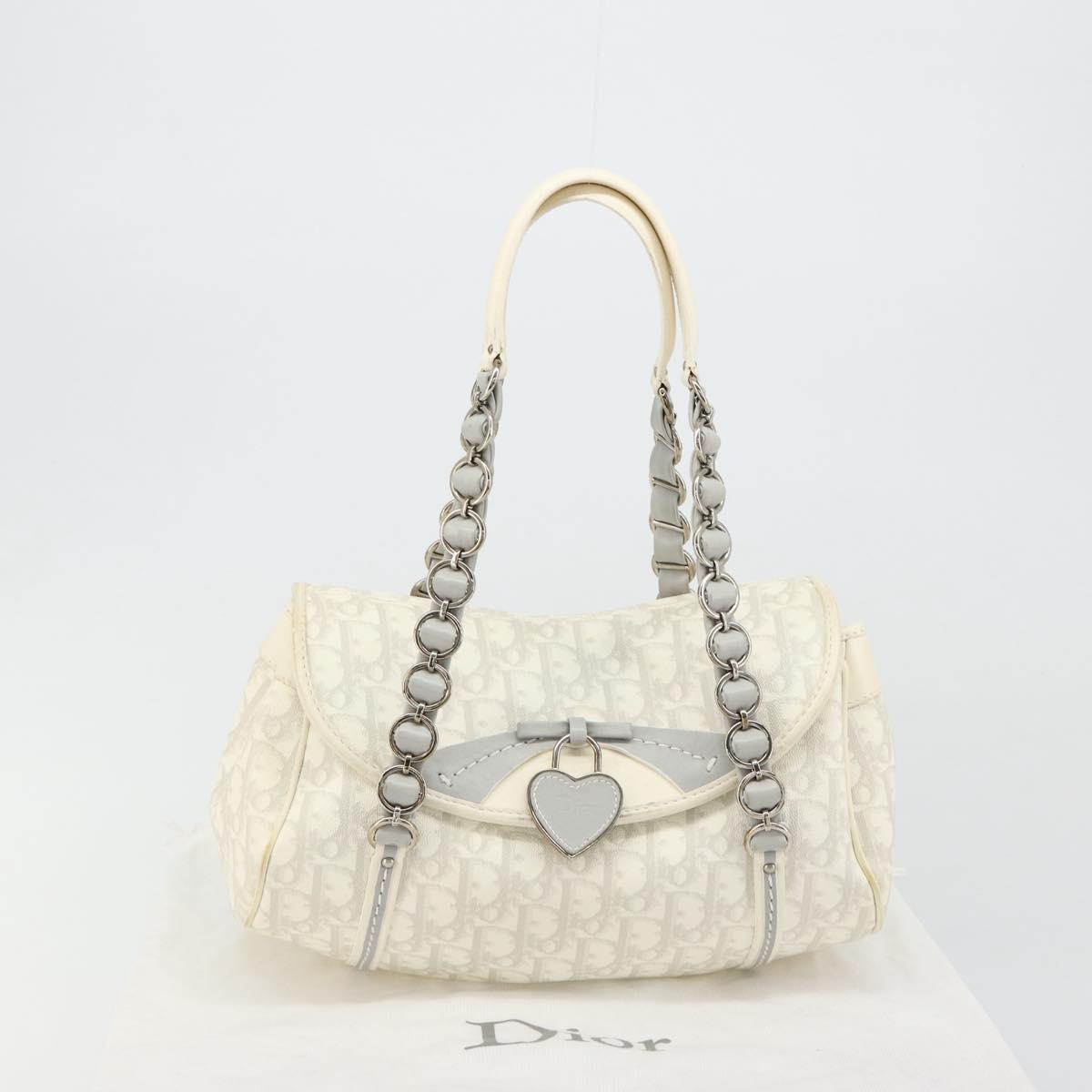 Christian Dior Trotter Canvas Romantic Chain Bag PVC White Silver Auth am11806V