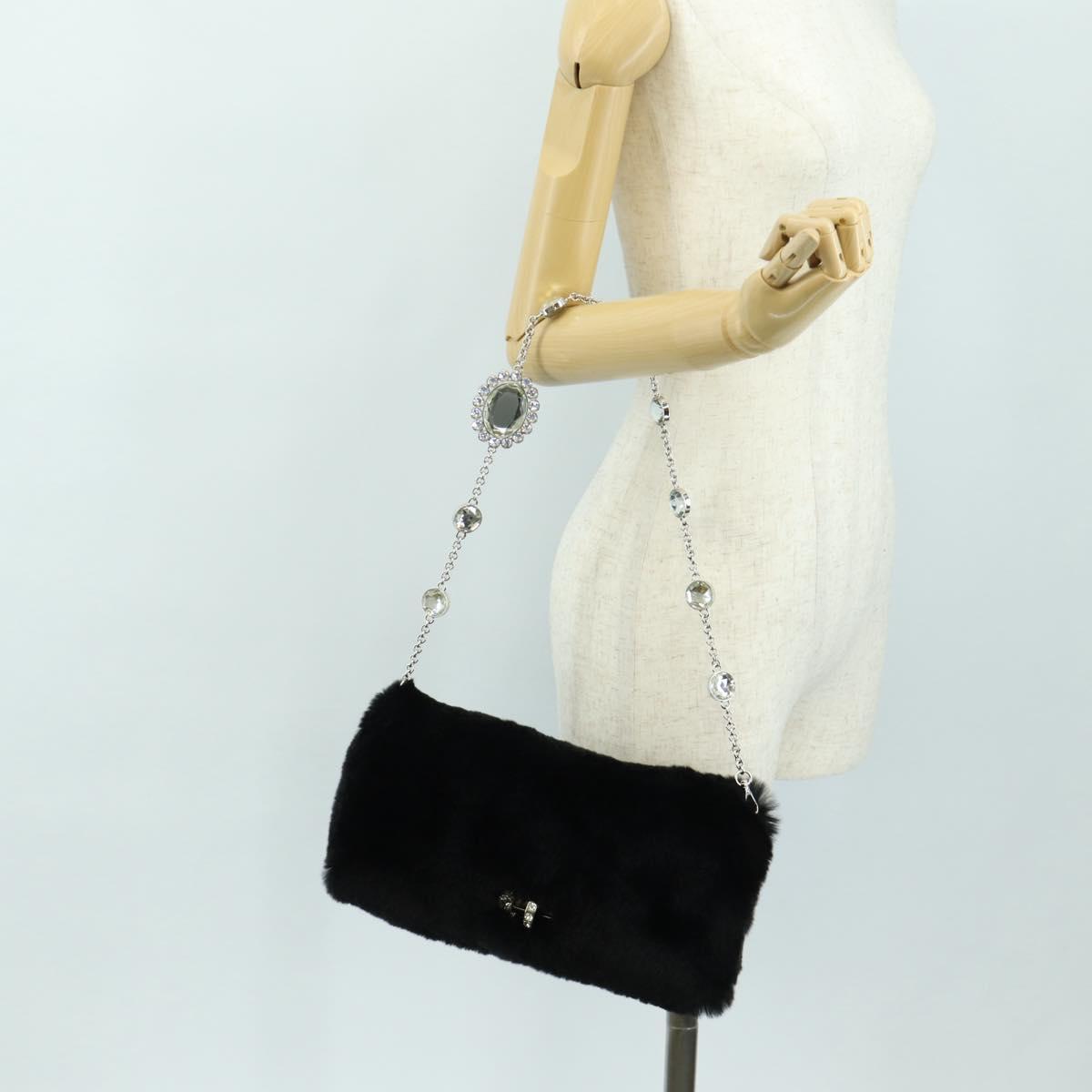 Miu Miu Crystal Chain Shoulder Bag Fur Black Silver 5BD233 Auth am11808SAM