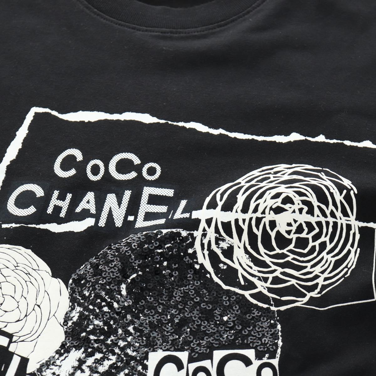 CHANEL CC Camellia Sequin Cut And Sew Shirt Cotton S Black CC Auth am11841M