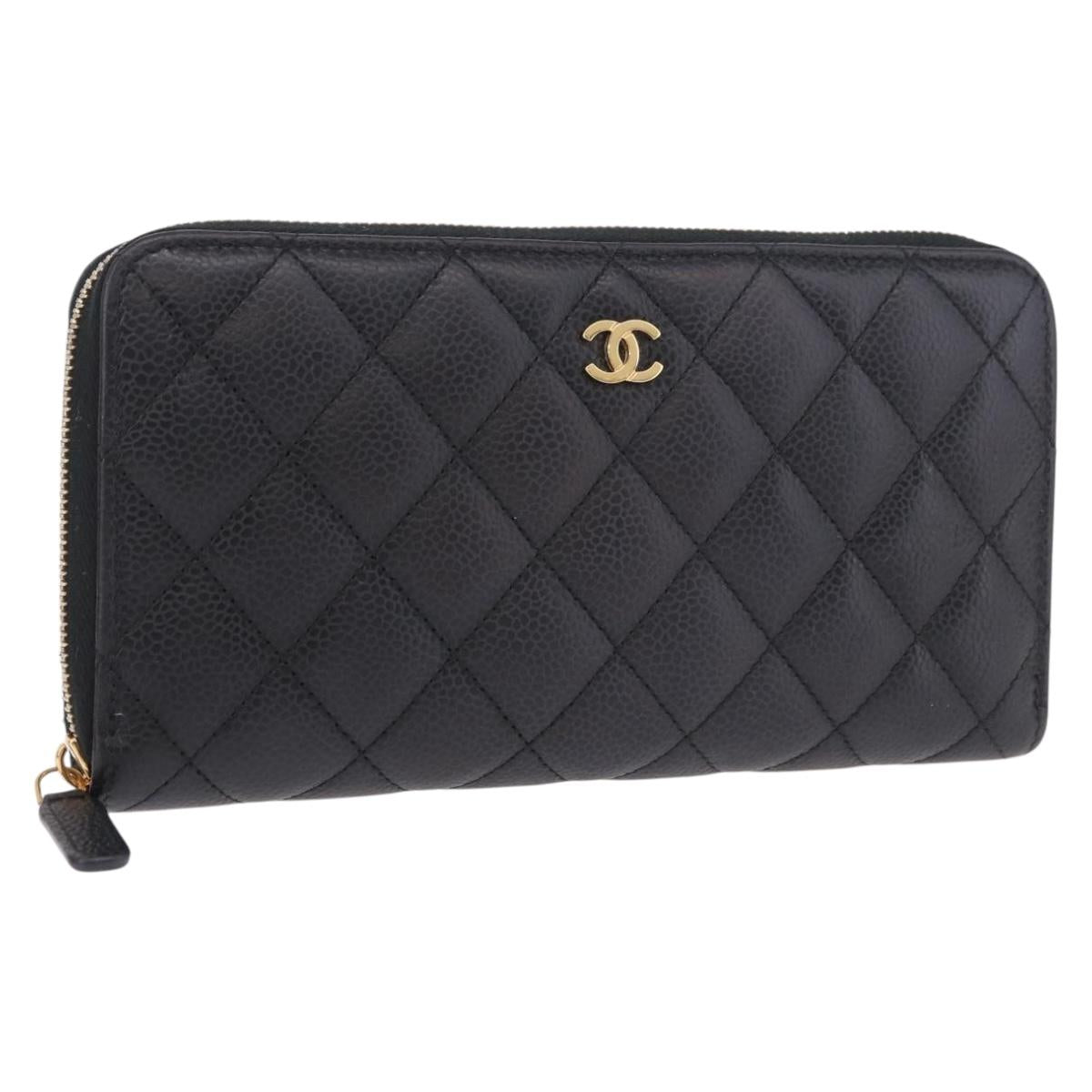CHANEL Matelasse Long Wallet Caviar Skin Black Gold CC Auth am11846M