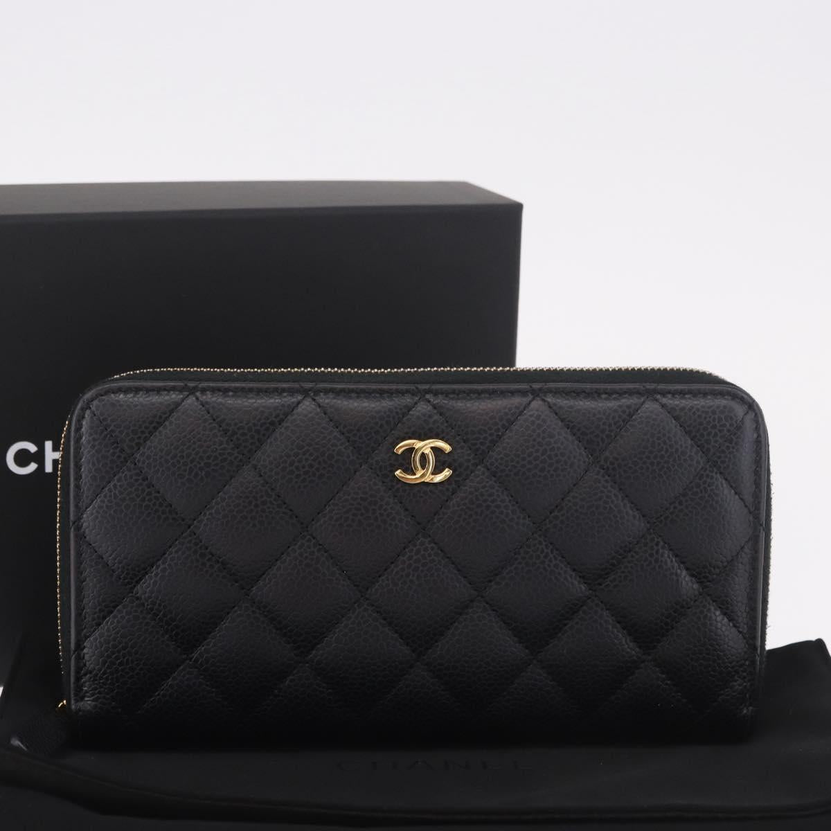 CHANEL Matelasse Long Wallet Caviar Skin Black Gold CC Auth am11846M