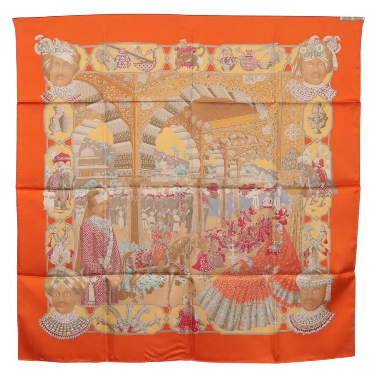 HERMES Carre 90 Scarf ""MAHARAJAS"" Silk Orange Auth am11861M