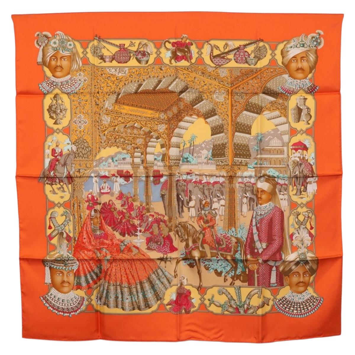 HERMES Carre 90 Scarf ""MAHARAJAS"" Silk Orange Auth am11861M