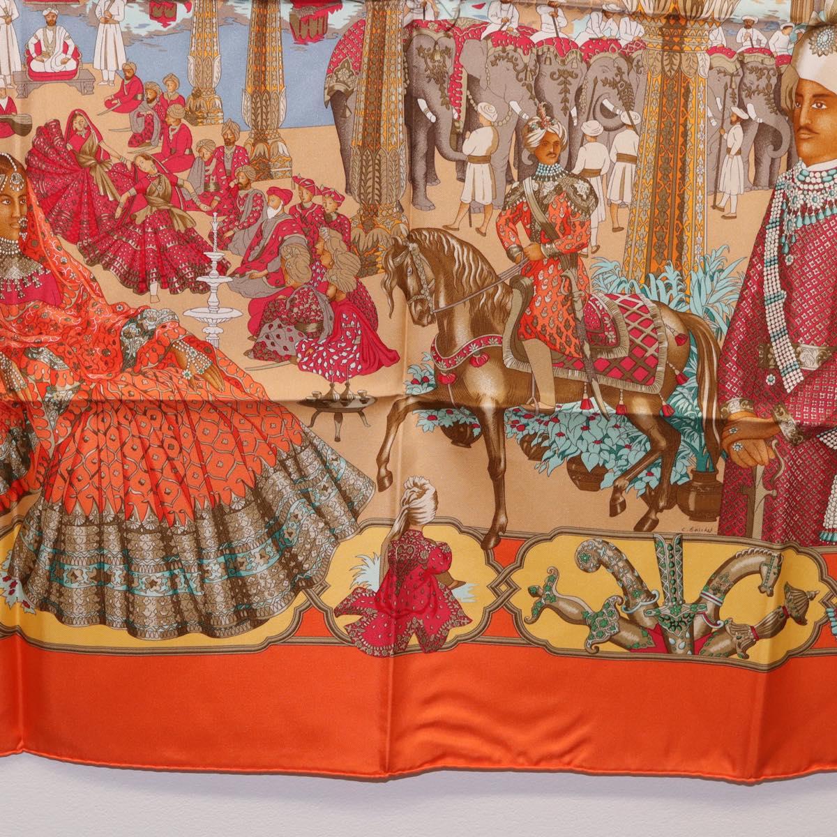 HERMES Carre 90 Scarf ""MAHARAJAS"" Silk Orange Auth am11861M