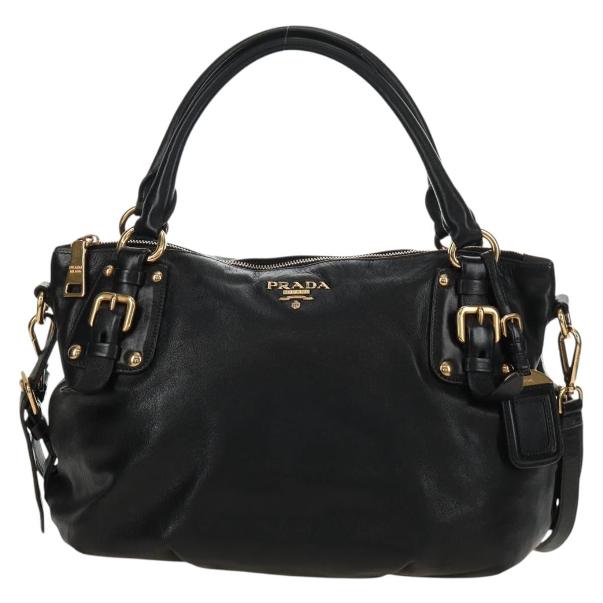 PRADA Hand Bag Leather 2way Black Gold Auth am11866V