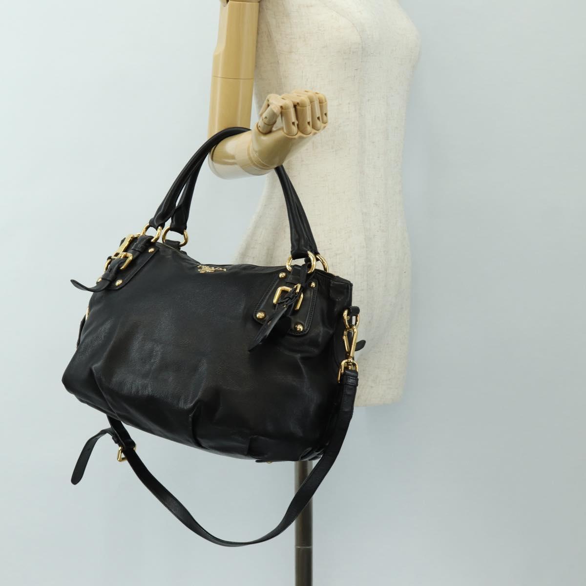 PRADA Hand Bag Leather 2way Black Gold Auth am11866V