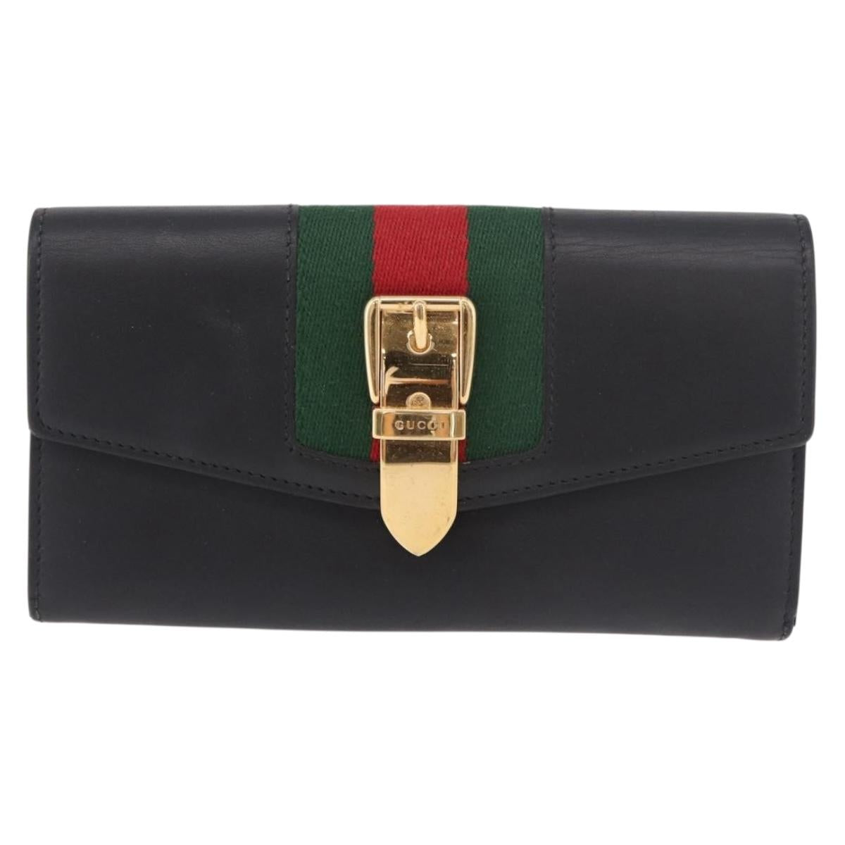 GUCCI Silvi Web Sherry Line Long Wallet Leather Black Red 476084 Auth am11867V