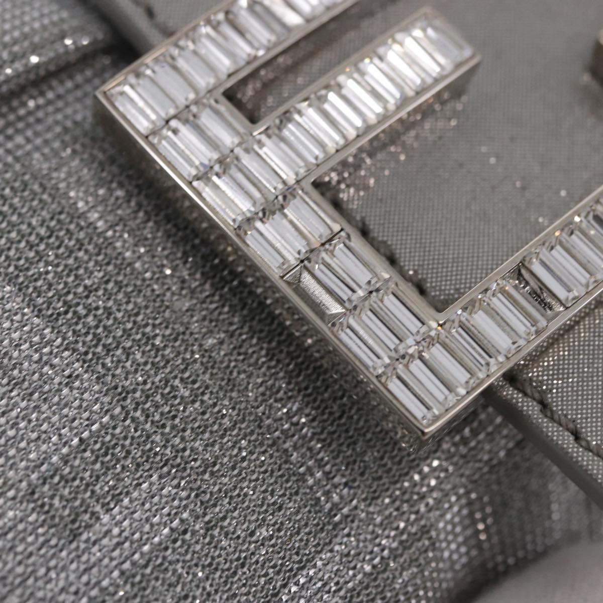 FENDI Zucca Canvas Mamma Baguette Rhinestone Shoulder Bag Silver Auth am11868SM