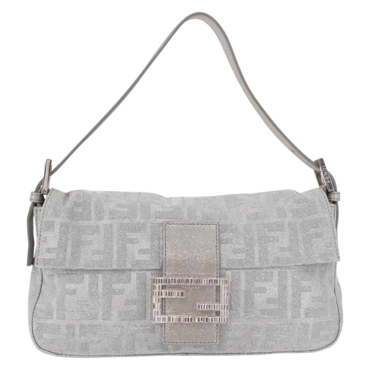 FENDI Zucca Canvas Mamma Baguette Rhinestone Shoulder Bag Silver Auth am11868SM