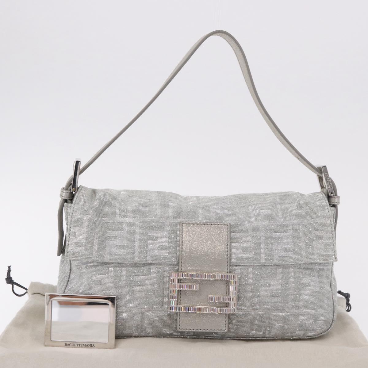FENDI Zucca Canvas Mamma Baguette Rhinestone Shoulder Bag Silver Auth am11868SM