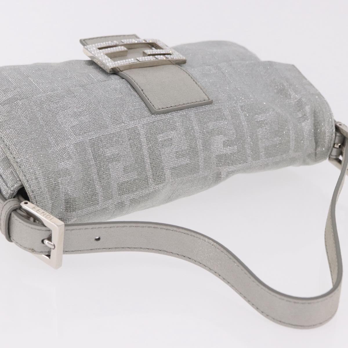 FENDI Zucca Canvas Mamma Baguette Rhinestone Shoulder Bag Silver Auth am11868SM