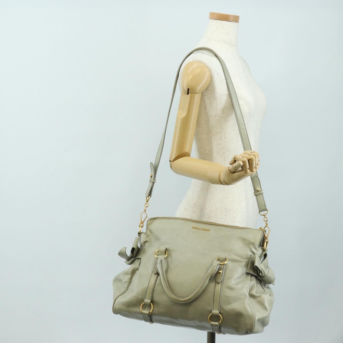 Miu Miu Side Ribbon Hand Bag Leather 2way Gray Gold Auth am11892V