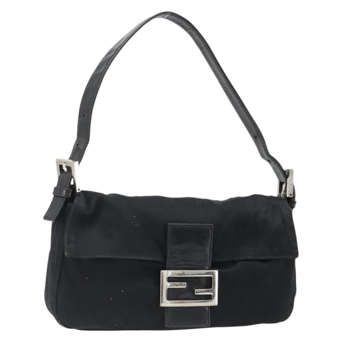 FENDI Mamma Baguette Shoulder Bag Cotton Jersey Black Silver Auth am11894A