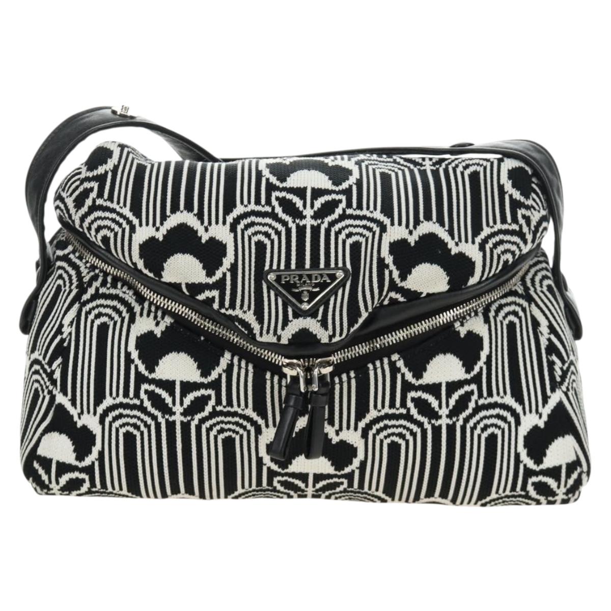 PRADA Shoney Jacquard Shoulder Bag Wool Black White Silver Auth am11907SAM