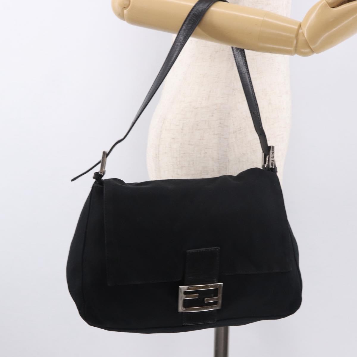 FENDI Mamma Baguette GM Shoulder Bag Cotton Jersey Black Silver Auth am11919