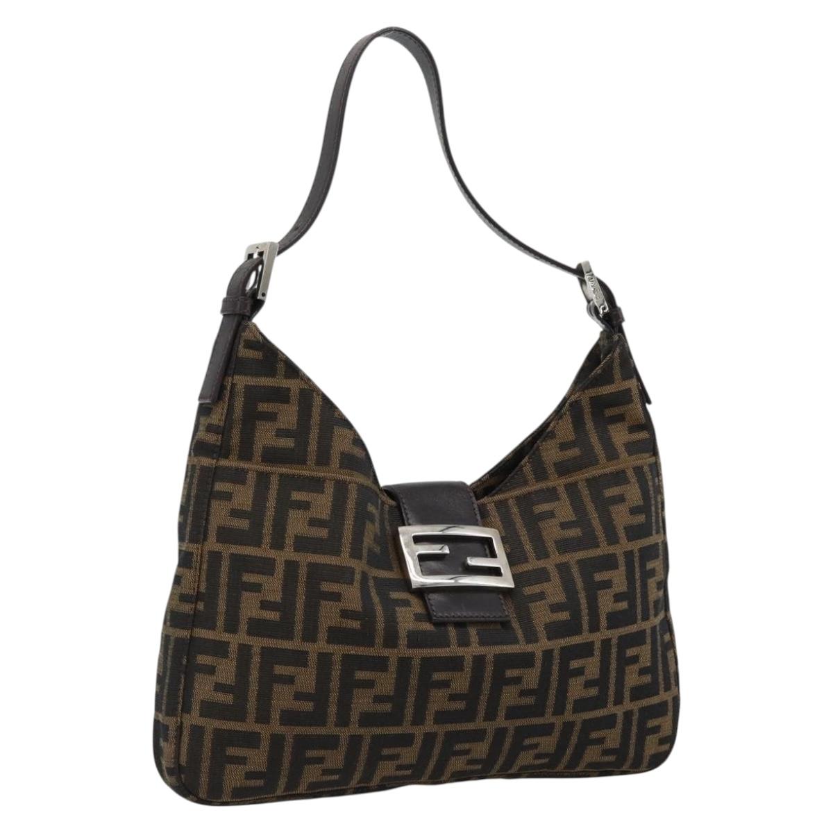 FENDI Zucca Canvas Mamma Baguette Shoulder Bag Black Brown Silver Auth am11931V