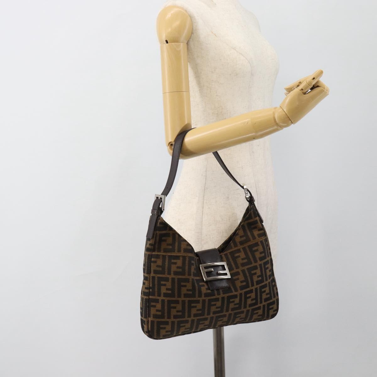 FENDI Zucca Canvas Mamma Baguette Shoulder Bag Black Brown Silver Auth am11931V
