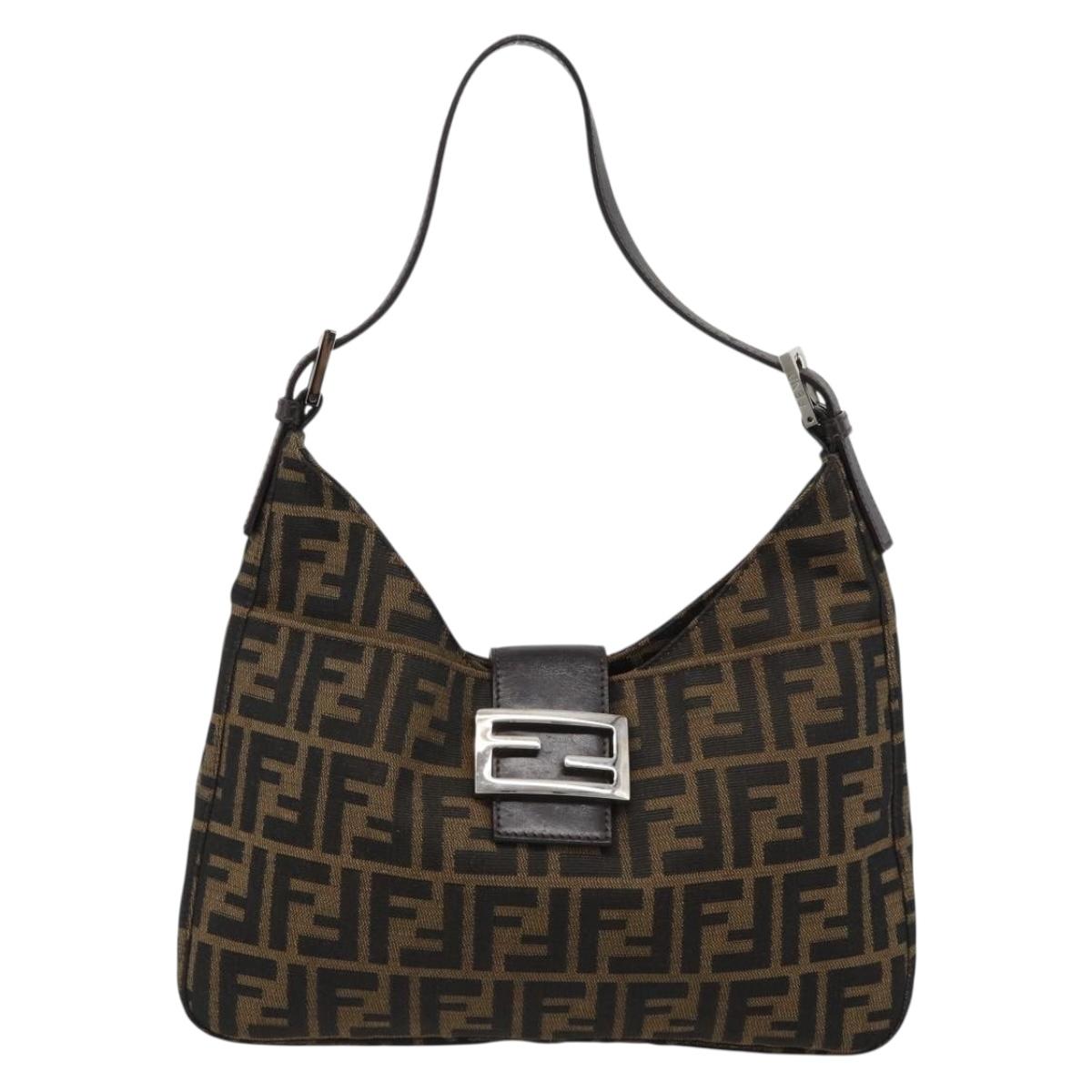 FENDI Zucca Canvas Mamma Baguette Shoulder Bag Black Brown Silver Auth am11931V