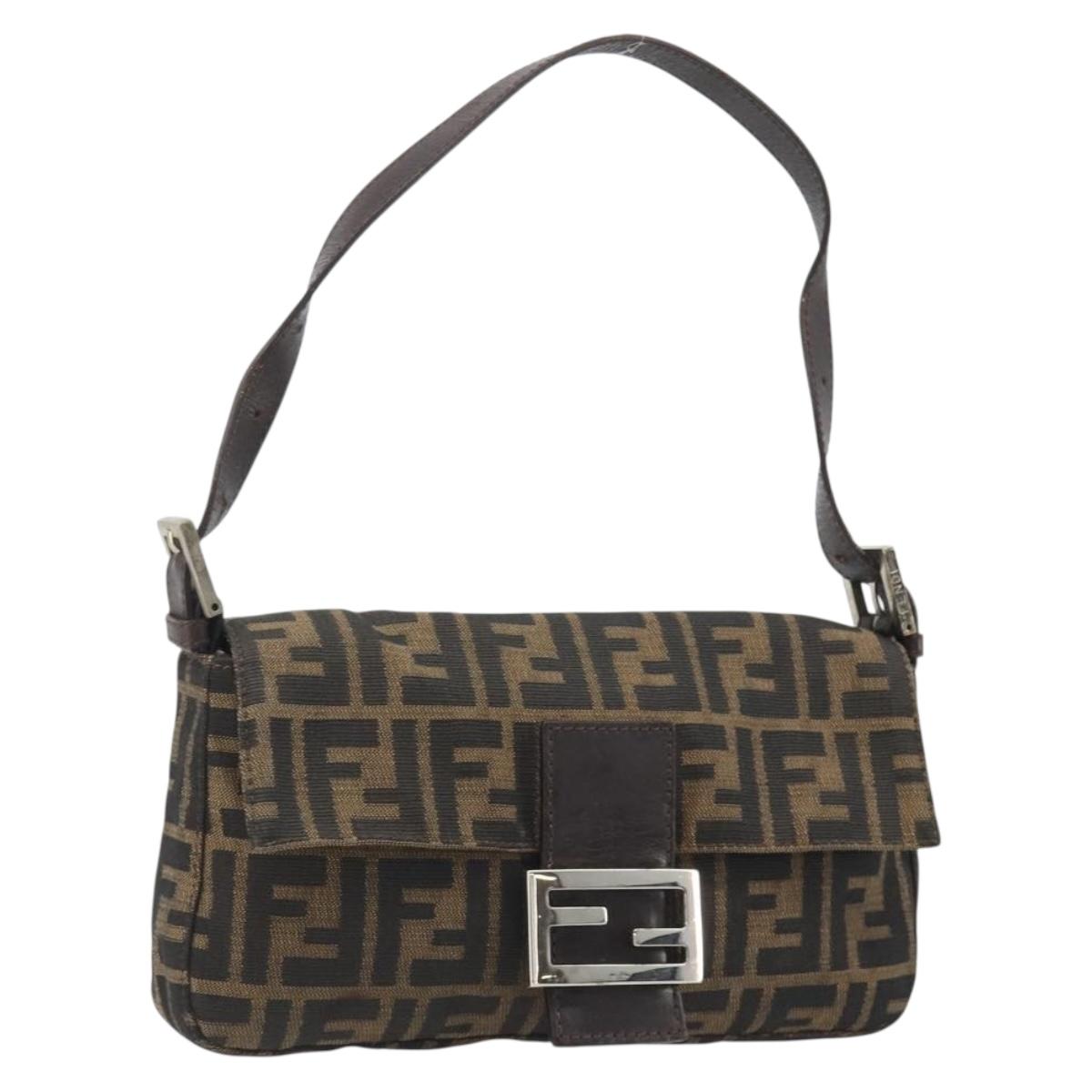 FENDI Zucca Canvas Mamma Baguette Shoulder Bag Black Brown Silver Auth am11936V
