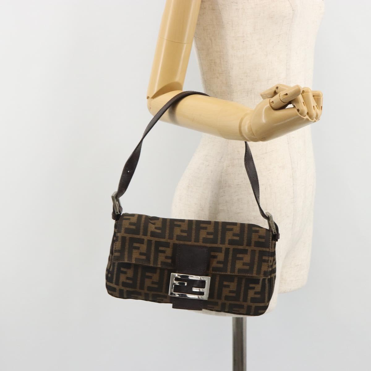 FENDI Zucca Canvas Mamma Baguette Shoulder Bag Black Brown Silver Auth am11936V